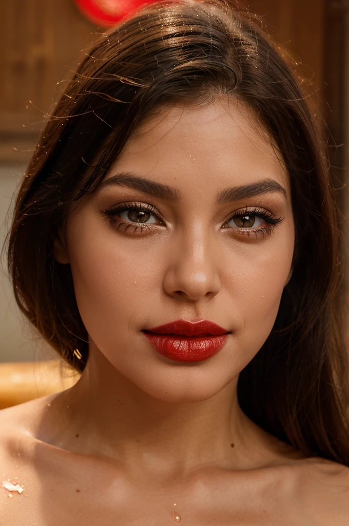 imagine a close-up women's lips with red lipstick, dripping honey