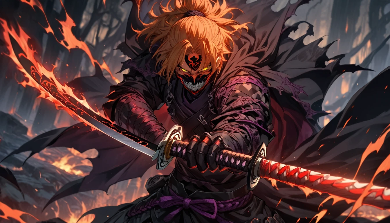 ninja mask, cape,close up, black heavy detailed clothes, katana, art, dark and malevolent, hand sword, armor, powerful and intimidating, (masterpiece, best quality, ultra-detailed, best shadow), (detailed background, dark fantasy) dramatic light, intricate details, dark and malevolent, powerful and intimidating, Dark and foreboding, malevolent force, sinister and chilling, armor, high detailed background, girl in demon slayer art, demon slayer art style, epic anime art, God death