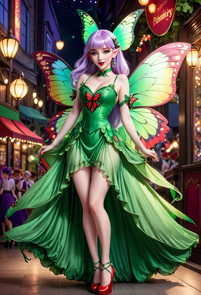 Irish woman, anime, modest, beautiful, high quality, night, 8k, long waist length light pale purple hair, green eyes, red lips, eyelashes, long saloon girl dress, heels, elf ears, large colorful butterfly fairy wings, stage, dancing