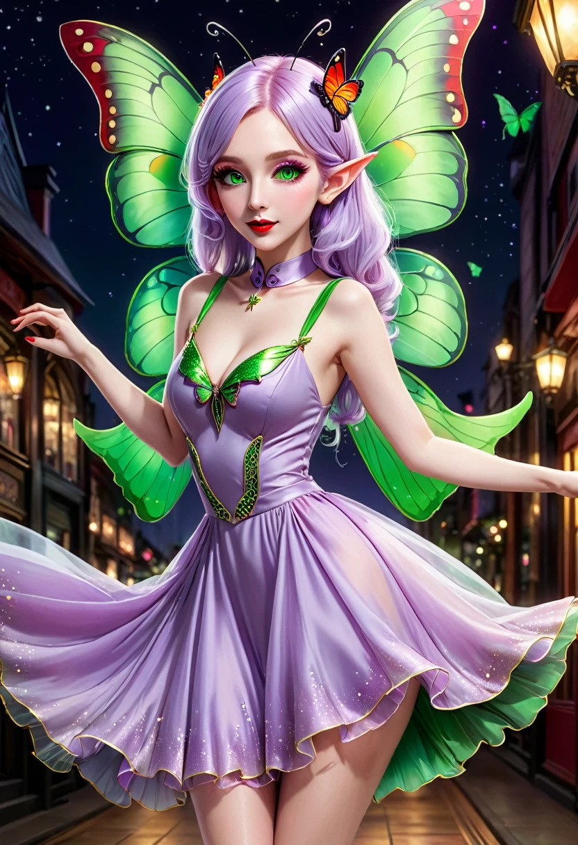 Irish woman, anime, modest, beautiful, high quality, night, 8k, long waist length light pale purple hair, green eyes, red lips, eyelashes, long saloon girl dress, heels, elf ears, large colorful butterfly fairy wings, stage, dancing