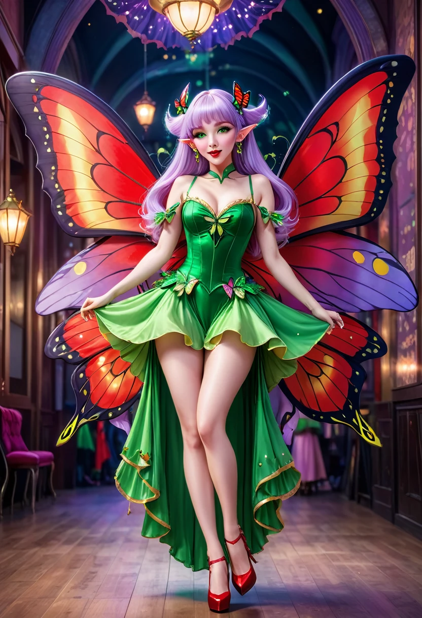 Irish woman, anime, modest, beautiful, high quality, night, 8k, long waist length light pale purple hair, green eyes, red lips, eyelashes, long saloon girl dress, heels, elf ears, large colorful butterfly fairy wings, stage, dancing