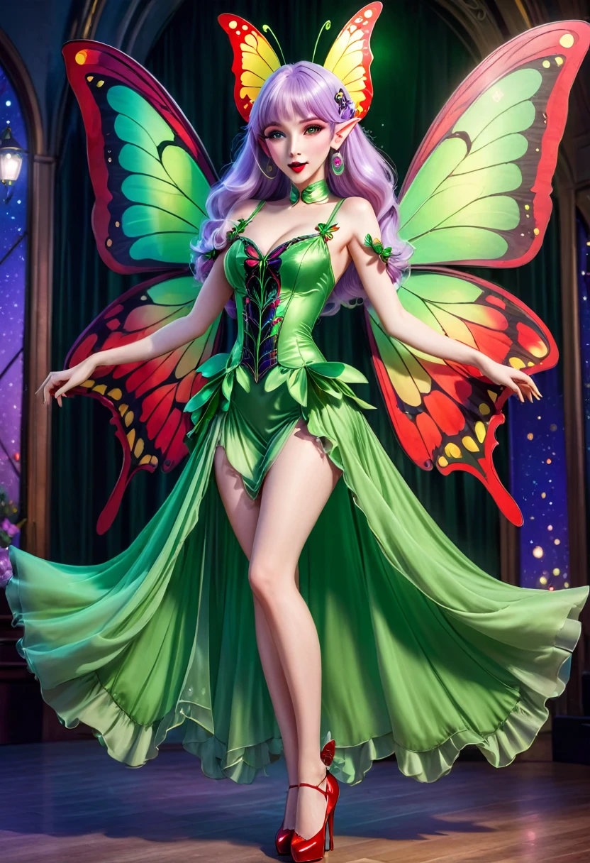 Irish woman, anime, modest, beautiful, high quality, night, 8k, long waist length light pale purple hair, green eyes, red lips, eyelashes, long saloon girl dress, heels, elf ears, large colorful butterfly fairy wings, stage, dancing