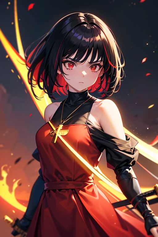 crow,Anime girl holding sword katana red dress holding a sword, anime, short black hair with neon highlights, hair is above shoulder height smooth beautiful, ready to attack, one hand on sword, background of moon 4k, anime art, pendant on hair, cross t necklace, sword pointing front, Golden armor mostly yellow clothing