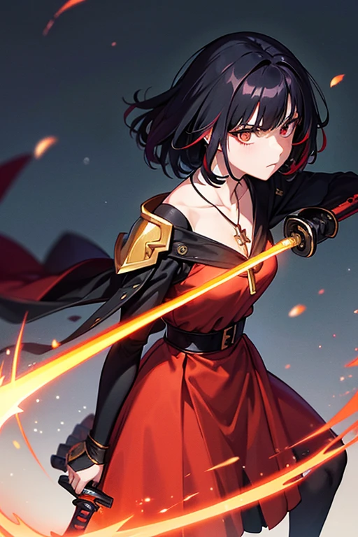 crow,Anime girl holding sword katana red dress holding a sword, anime, short black hair with neon highlights, hair is above shoulder height smooth beautiful, ready to attack, one hand on sword, background of moon 4k, anime art, pendant on hair, cross t necklace, sword pointing front, Golden armor mostly yellow clothing