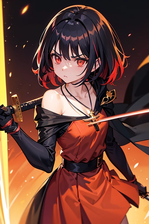 crow,Anime girl holding sword katana red dress holding a sword, anime, short black hair with neon highlights, hair is above shoulder height smooth beautiful, ready to attack, one hand on sword, background of moon 4k, anime art, pendant on hair, cross t necklace, sword pointing front, Golden armor mostly yellow clothing