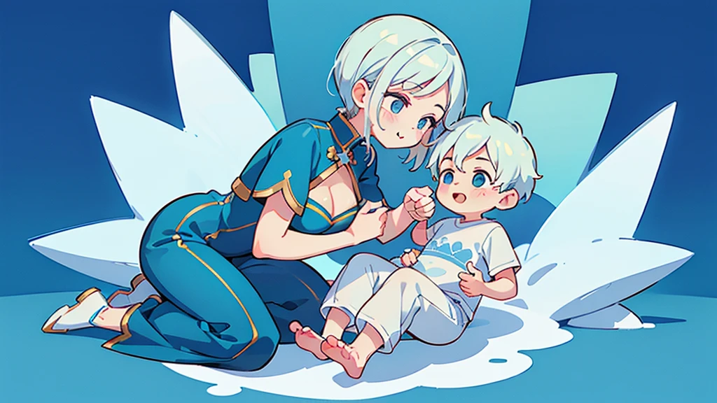 (((Mother and son,My son .)))、((Highest quality、Masterpiece、Official Art、The best dynamic composition))、They both have a mixture of blue and white hair.、She is happily stroking the baby's cheek.rtwarming、happiness、A sparkling world、