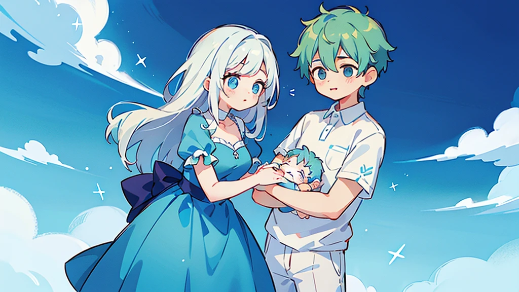 (((Mother and son,My son is a newborn baby.)))、((Highest quality、Masterpiece、Official Art、The best dynamic composition))、They both have a mixture of blue and white hair.、She is happily stroking the baby's cheek.、Heartwarming、happiness、A sparkling world、Upper body close-up、