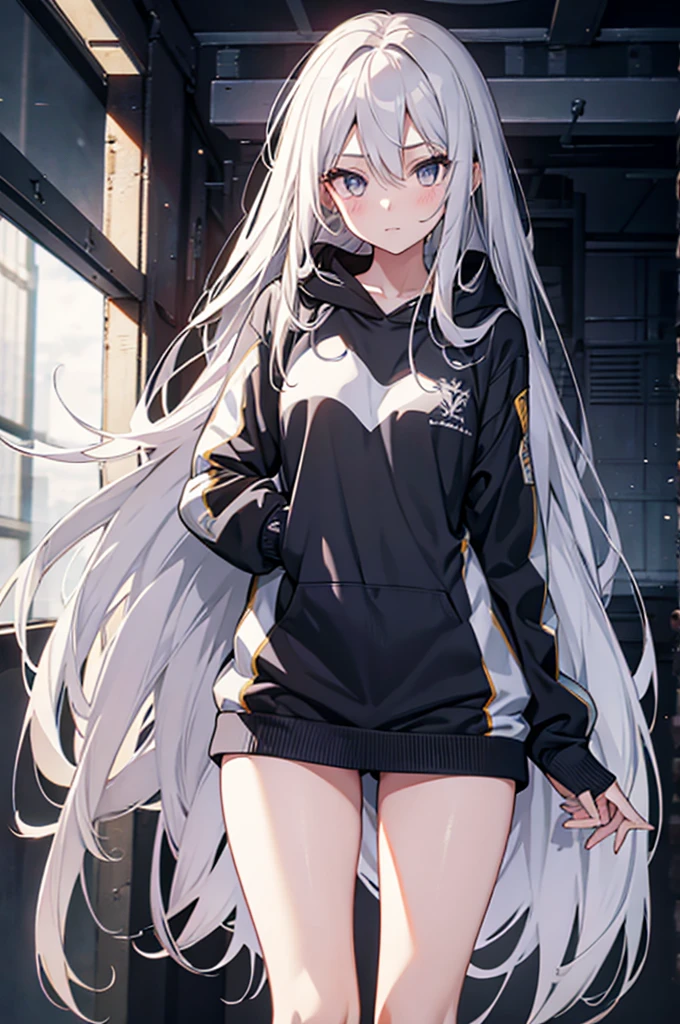 1girl, {Solitary}, Upper Body ,{{ {Watching at viewer}}}, Arms at your sides, Concept Art, white Background, simple Background, White hair, Silver gradient hair , Composite cloth, Asymmetrical clothes, Virtual YouTuber, best quality, masterpiece, Dynamic Angle, , cowboy_shooting, Watching_Back, grab, girl,Miss,woman, young,20 years old, Very long hair, Hair Flip, Silver Hair, Flowing hair, Ahog, giggle, Beautiful and delicate golden eyes, teeth, Large Breasts, Blonde eyes, White skin, hoodie, Black_shorts, Gray clothes, transparent_Background, Backlighting, absurd, high resolution, Extremely detailed,sweater,Face to face，Black tights