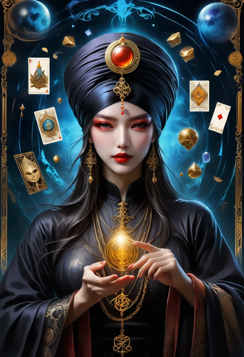 Onmyoji，Metal photo frame，card，tarot cards：1.37.Mysterious fortune teller wearing a turban，Finger taps an array of tarot cards in the air，Mystical symbols and elements，Ancient mysterious atmosphere，Realistic illustration details，A composition full of vitality and energy，Dark Style，Gothic style