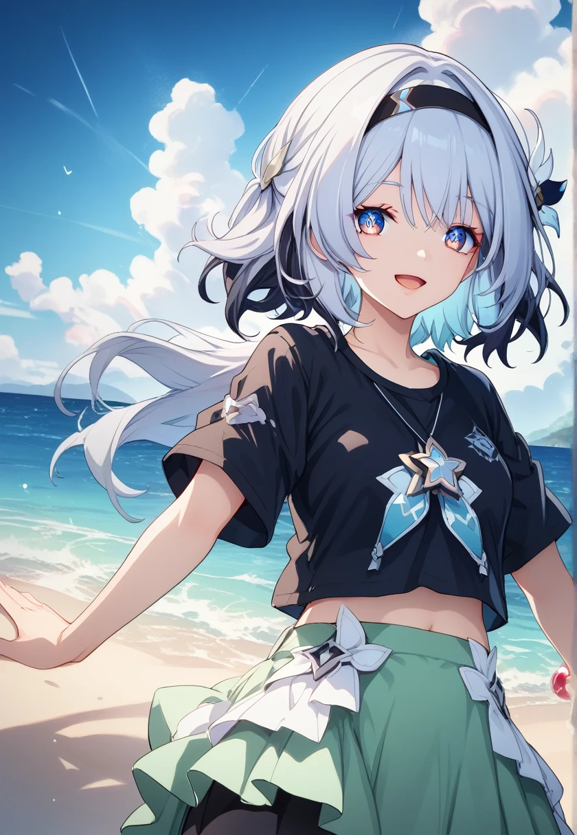 The art of cornflower, dreamy, (a beautiful, teenage, anime-style girl with blue eyes and long black hair, wearing a yellowish, shiny, long-sleeved, open-chested, long-skirted swimsuit, pink, white and yellow, heart posing on it, hands on the hips, in front of the beach and bright blue sky with clouds inside, palm trees in the background on both sides of the picture, and a lot of blue and yellow fish swimming in the sea, and a police helicopter with lights flying over the girl)