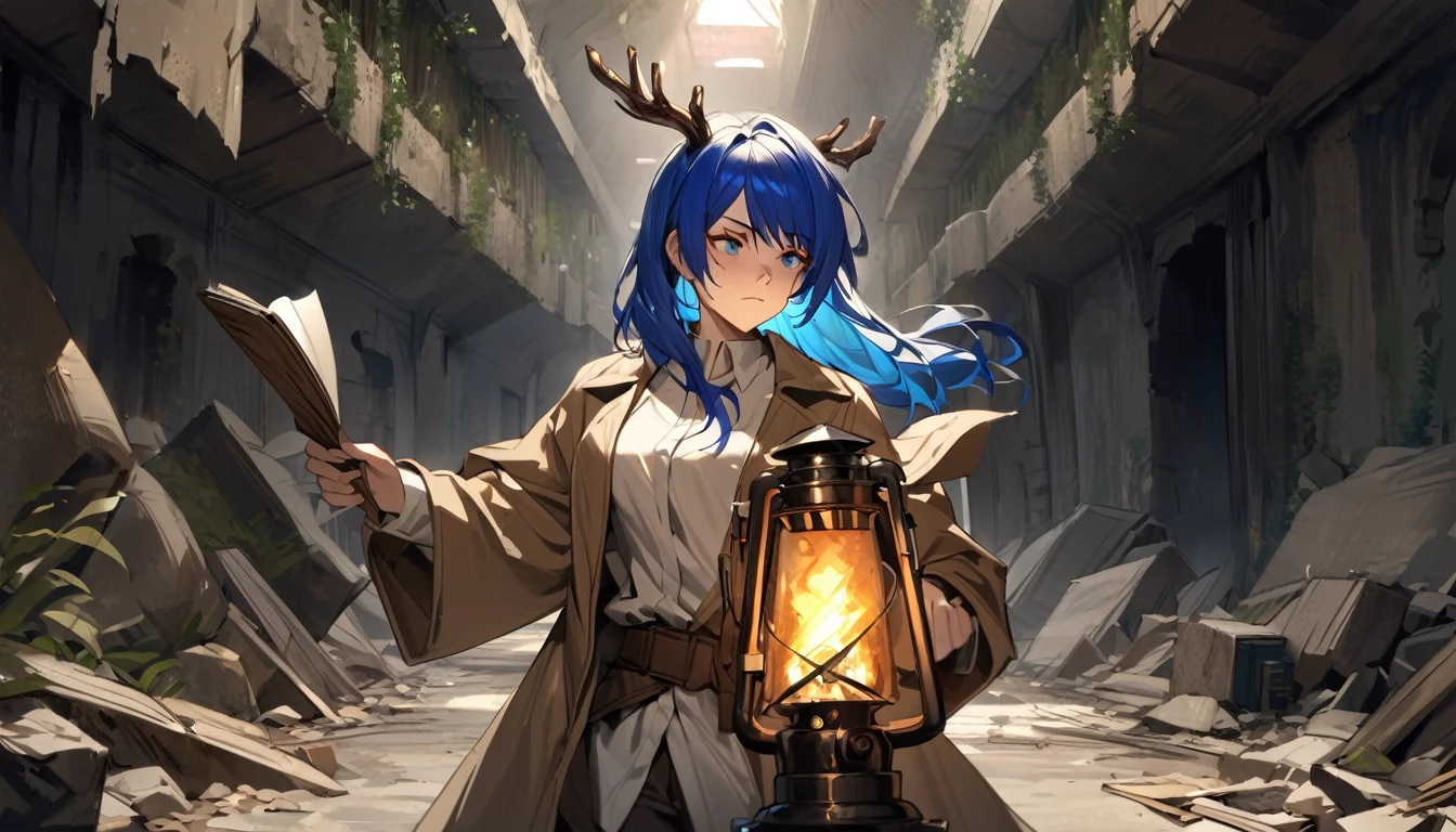 ((grown-up)), (Woman), ((Cao Cao)), ((mostima de arknights)) , work of art, best qualityer, ((Long blue hair)), antlers, plain white shirt, brown overcoat, holding a map and torch, Indiana Jones outfit, ha, (troubled face), Realistic anime style, inside a catacomb.