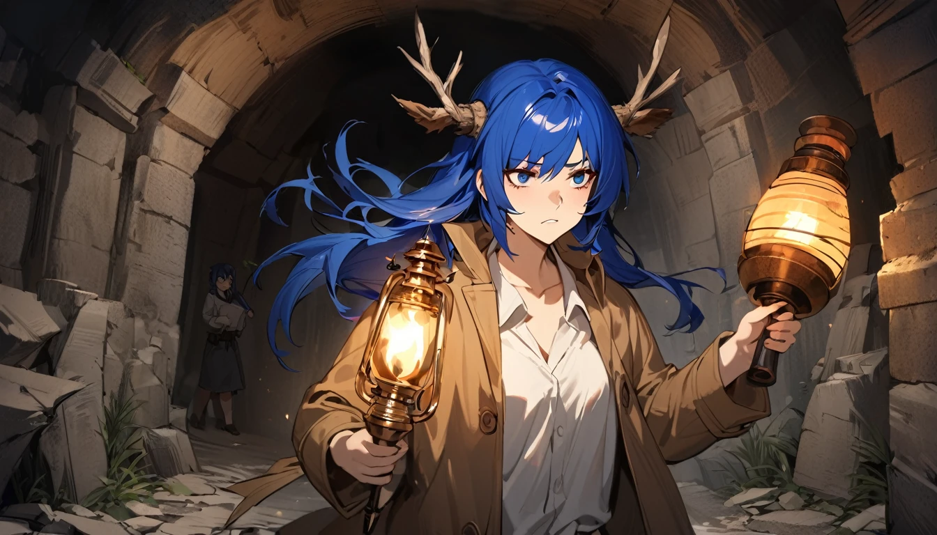 ((grown-up)), (Woman), ((Cao Cao)), ((mostima de arknights)) , work of art, best qualityer, ((Long blue hair)), antlers, plain white shirt, brown overcoat, holding a map and torch, Indiana Jones outfit, ha, (troubled face), Realistic anime style, inside a catacomb.
