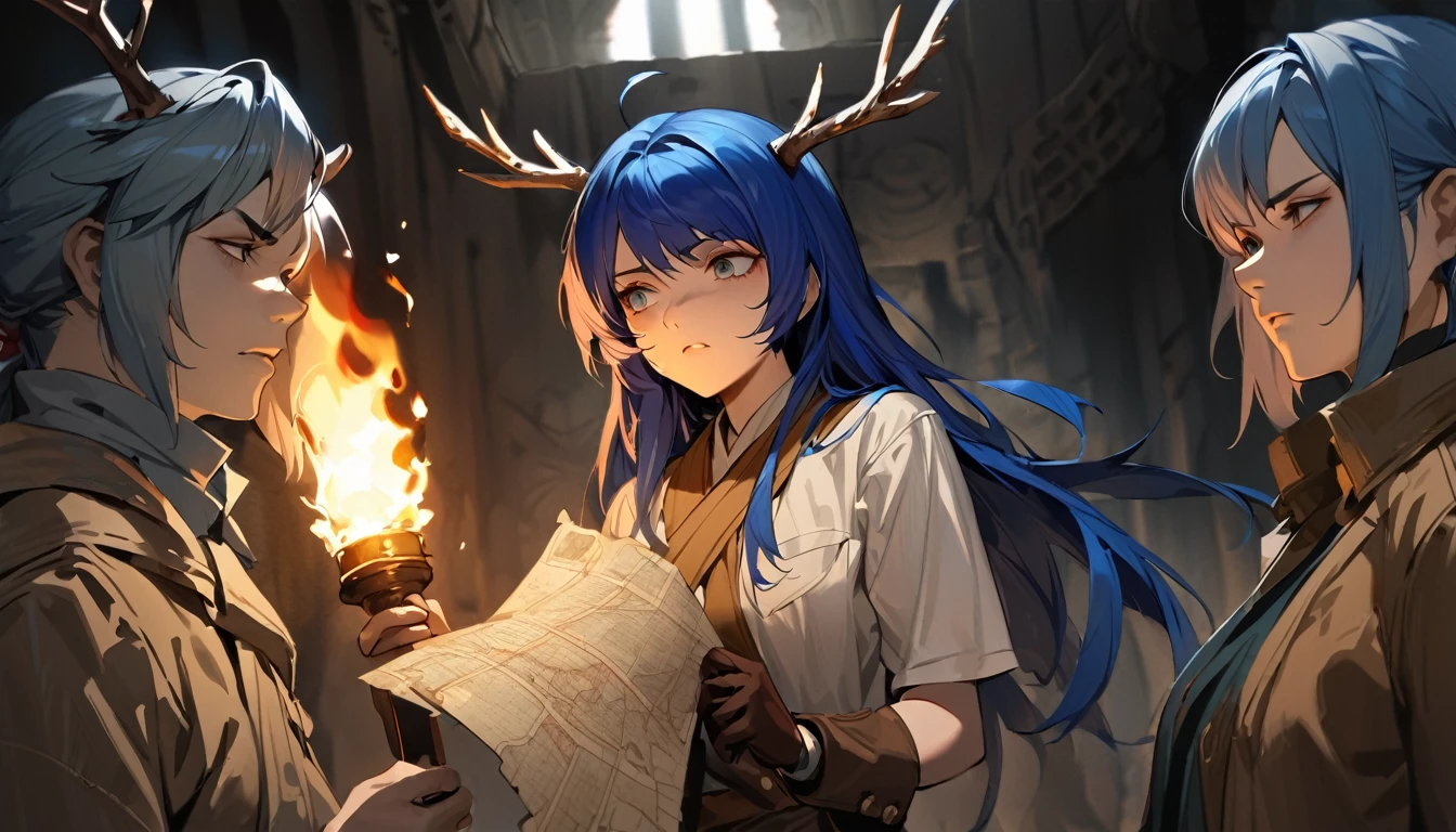 ((grown-up)), (Woman), ((Cao Cao)), ((mostima de arknights)) , work of art, best qualityer, ((Long blue hair)), antlers, plain white shirt, brown overcoat, holding a map and torch, Indiana Jones outfit, ha, (troubled face), Realistic anime style, inside a catacomb.