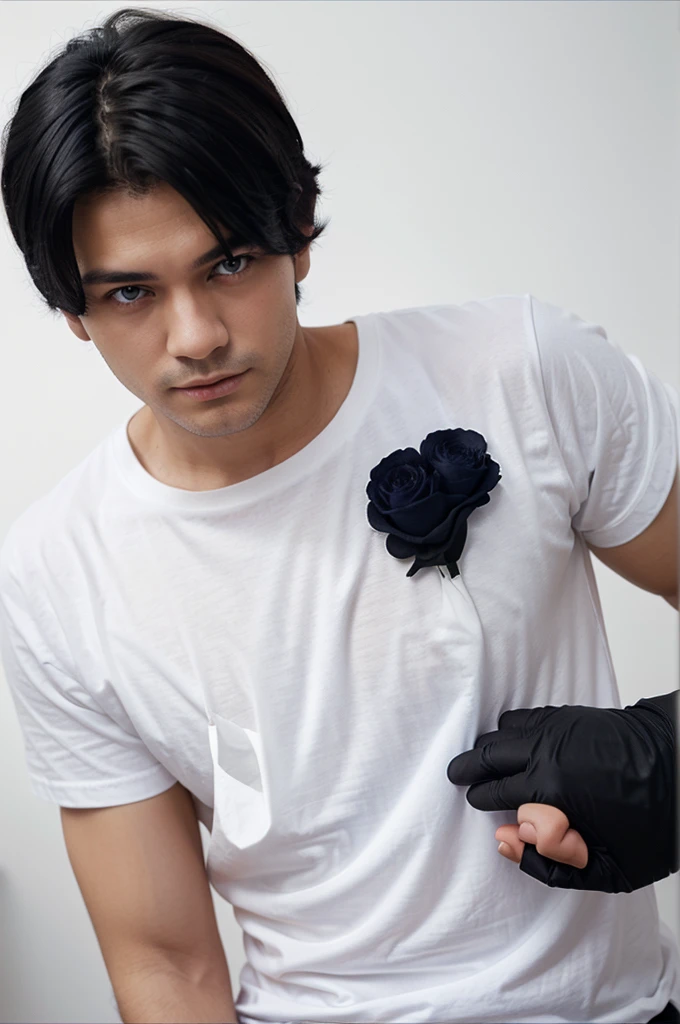 Image of a half-bodied man with black hair, dark blue eyes, wearing a white t-shirt, short black gloves with a soft expression