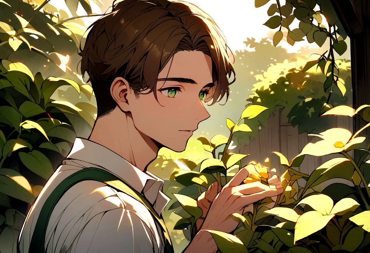 adult male gardener - brown hair - dark green eyes - in a garden