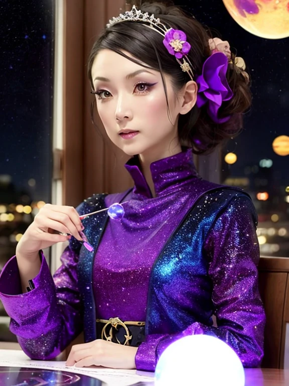 1 Girl, solo, (astrologer), 
mysterious, Fantasy, grace, Calm, Silence, intellectual, ancient, Beyond time and space, dream, aura,
Dark eyeshadow, Star shaped glitter, Sparkling Highlights, Rich Lip Color, Smokey Eye, mysteriousなアイライナー, 
Crystal ball on table, The night view outside the window,
astrologerがクリスタルボールに手をかざして未来を覗いている,
Light in the ball, Fantasyな霧, A star chart emerges