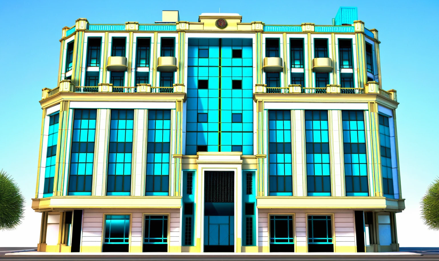 a rendering of a building with a clock on the top of it, building facing, multistory building, front elevation view, art deco office buildings, neoclassical police station, realistic building, front perspective, neo - classical style, front-view, an extremely detailed building, office building, front elevation, frontview, elevation view, realistic art deco, neoclassical style