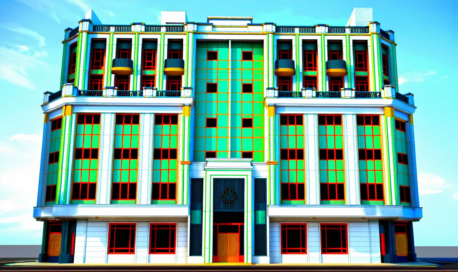 a rendering of a building with a clock on the top of it, building facing, multistory building, front elevation view, art deco office buildings, neoclassical police station, realistic building, front perspective, neo - classical style, front-view, an extremely detailed building, office building, front elevation, frontview, elevation view, realistic art deco, neoclassical style