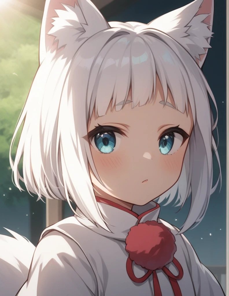 White-haired cat-eared girl standing in the garden,red eyes,adolable,Soft cute,Dumb cute。
