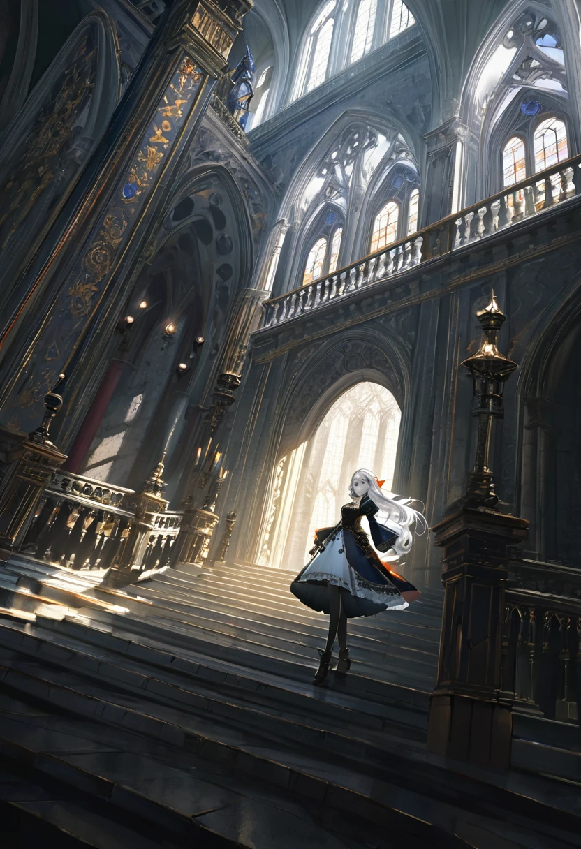 1girl, beautiful detailed eyes, long white hair, grey eyes, medieval fantasy dress, detailed baroque architecture,(best quality,4k,8k,highres,masterpiece),ultra-detailed,cinematic composition,dramatic shadows,vibrant colors,chiaroscuro lighting