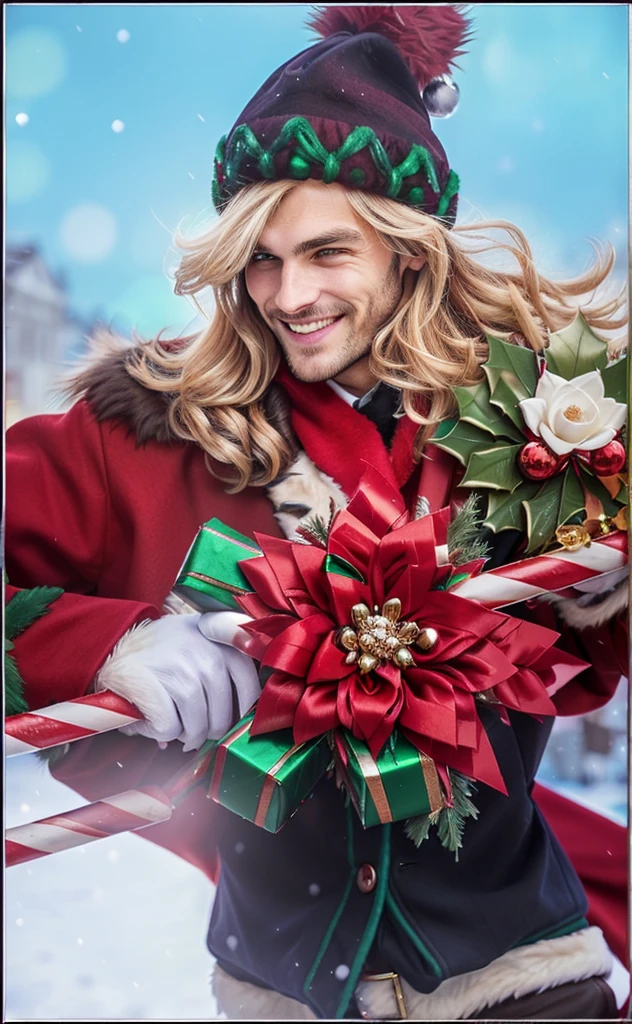 a close up of a handsome man in a red coat holding a candy cane, christmas, smile, wearing a fur trimmed hat, detailed facial features, warm lighting, cinematic, high quality, photorealistic, 8k, best quality