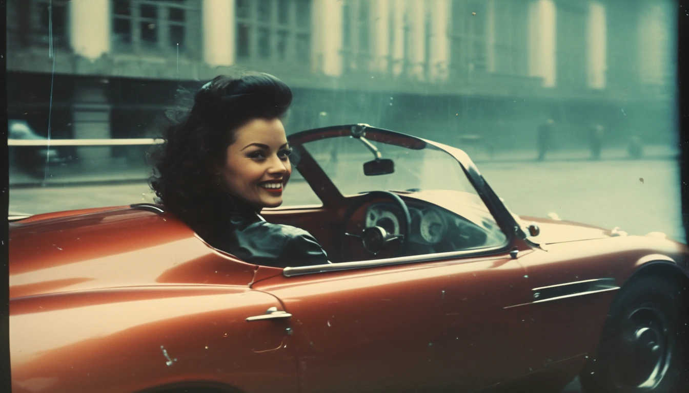 35mm vintage street photo of a beautiful lady driving a very futuristic sport car, laughing hysterically