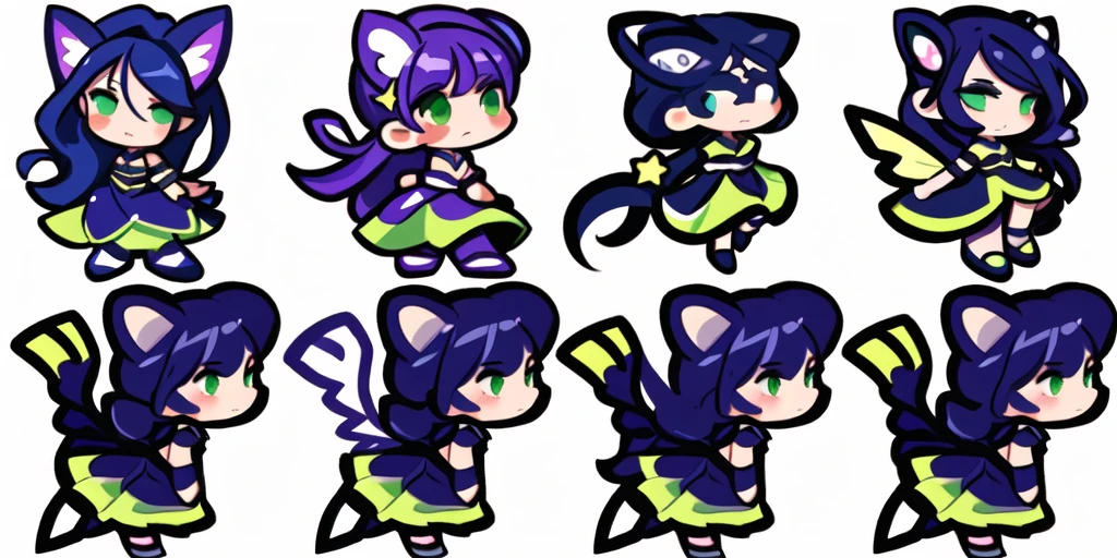 a close up of a cartoon character with different poses, spritesheet, sprite sheet, with familiar sprites, sprites, fairy girl, morgana, default pose neutral expression, twirling, sprite 2 d, shady, green fairy, smol, multiple poses, cute chibi, kawaii