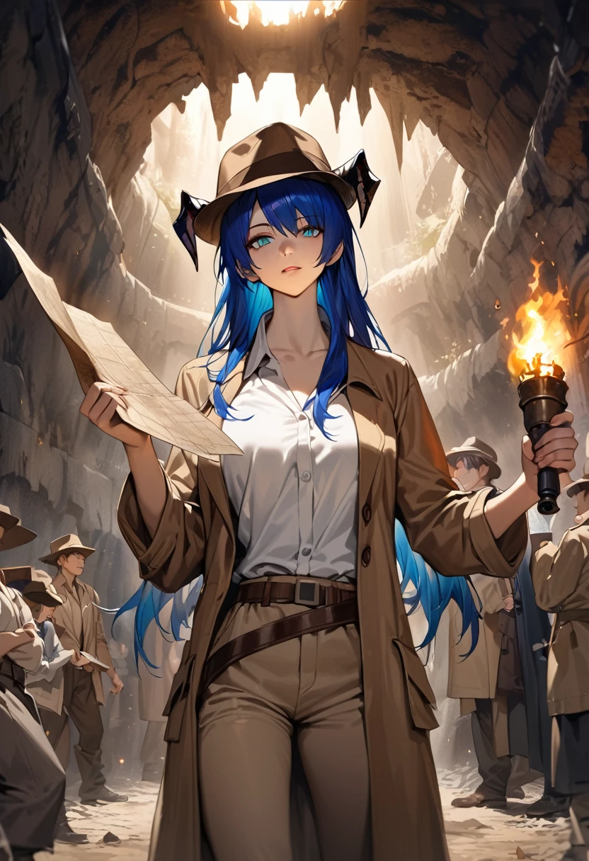 ((adult)), (woman), ((tall)), ((Mostima from arknights)) , masterpiece, best quality, ((Bluer hair long)), horns, plain white shirt, brown coat, holding a map and a torch, indiana jones outfit, hat, realistic anime style, inside of a catacomb.