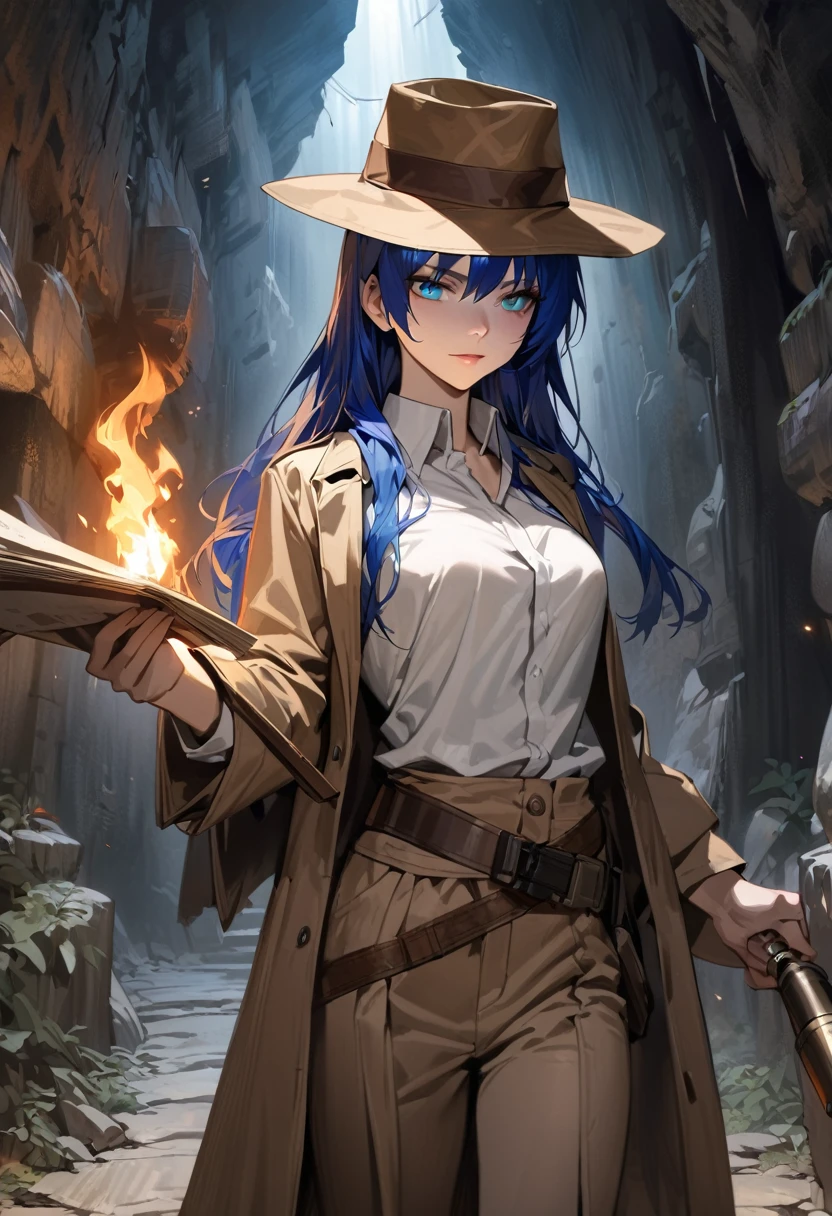 ((adult)), (woman), ((tall)), ((Mostima from arknights)) , masterpiece, best quality, ((Bluer hair long)), horns, plain white shirt, brown coat, holding a map and a torch, indiana jones outfit, hat, realistic anime style, inside of a catacomb.
