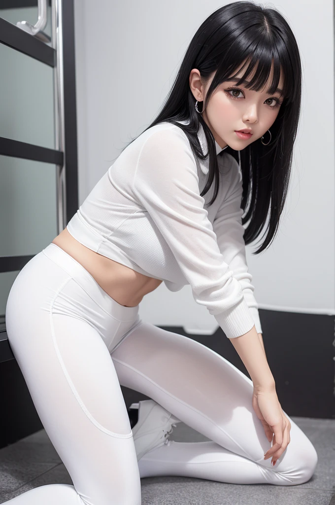  white big black hair with bangs white pants black leggings and white top black boots and tights