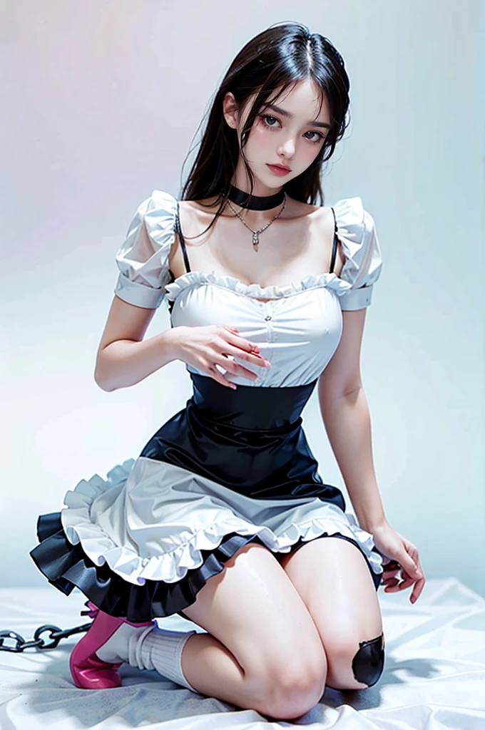 1girl, maid, dress, on knees, With sexy maid clothes, showing her tongue, sensual and beautiful face, clear eyes, cropped clothes, high resolution photo, chain on her neck, and cute socks on her feet ,Photo with better resolution, better quality, 4k, realistic, detailed