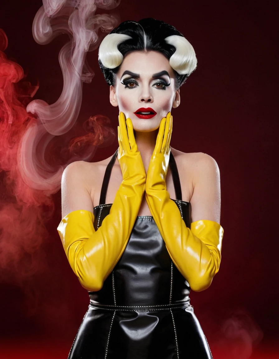Cruella. A very magnificent hairstyle. A naked model in a long latex butcher's apron. Hands in yellow gloves on face. An elegant pose. Red, thick smoke in the background.