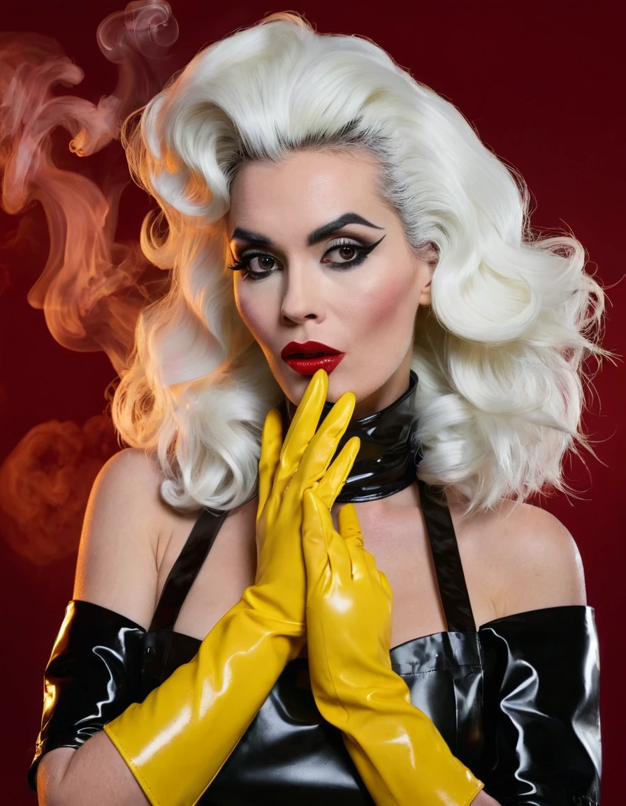Cruella. A very magnificent hairstyle. A naked model in a long latex butcher's apron. Hands in yellow gloves on face. An elegant pose. Red, thick smoke in the background.