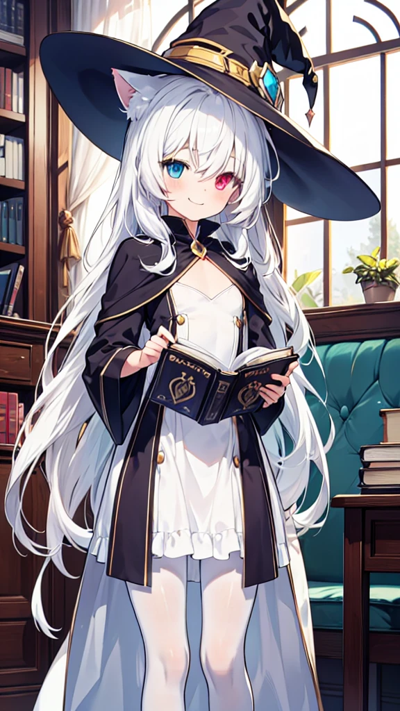 White hair，Cat ear（In the hat），Long hair，Heterochromia(Left blue right yellow)，Smile，Female face，There are bright spots in the eyes，Female hands，White little hands，Normal fingers，flat chest，Witch costume，White pantyhose，In the room，Holding a magic book