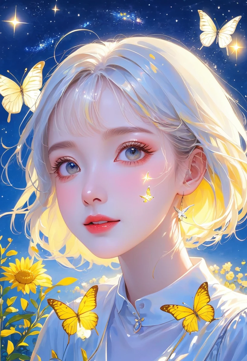 (masterpiece, best quality:1.2), 1 Girl, Solitary.portrait,Star \(Sky\),Starry Sky,White butterfly,Yellow butterfly