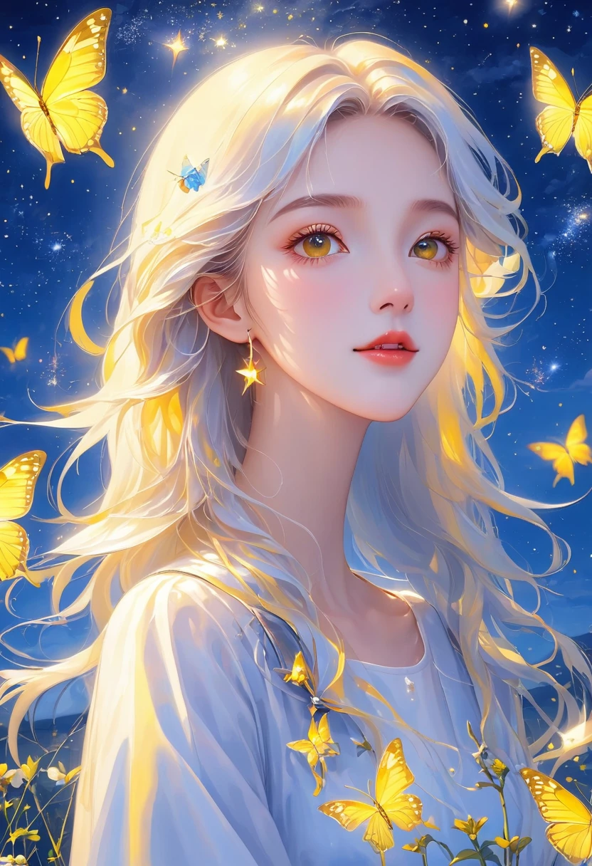 (masterpiece, best quality:1.2), 1 Girl, Solitary.portrait,Star \(Sky\),Starry Sky,White butterfly,Yellow butterfly