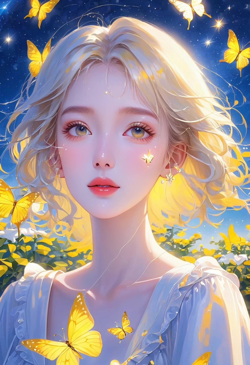 (masterpiece, best quality:1.2), 1 Girl, Solitary.portrait,Star \(Sky\),Starry Sky,White butterfly,Yellow butterfly