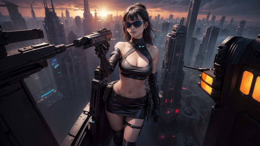 (((aerial view))) of futuristic cyberpunk city at night, hologram neon buildings, vivid colors, (((futuristic flying cars))) and futuristic cars, 3d rendering Beeple. large-breast:1.2 photorealistic sexy woman, solo, cleavage, off neck tube top, miniskirt, (((((black sunglasses, pistol shooting pose))))), standing, leaning forward, (((((half-body thigh level medium shot))))).