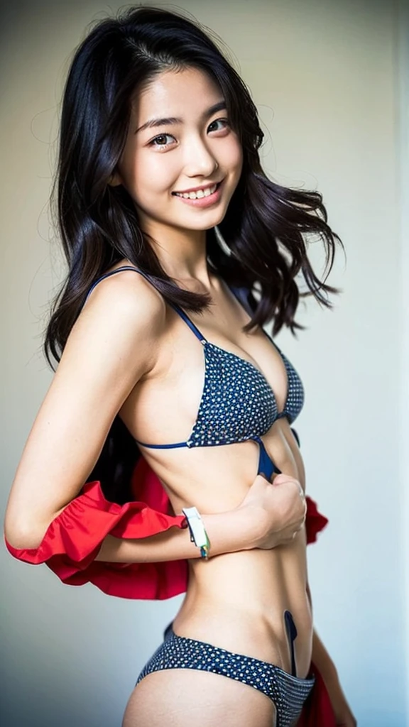 (Highest quality:1.5), (Real:1.4), (Ultra high definition:1.4), (No correction:1.4), (Skinny 18 year old girl), (1 Japanese very thin girl with flat chest in eighteen years old), (very thin body), skinny face, (Beautiful skin), (bikini), (Ruffled Bikini), (girl with Ruffled Bikini standing front the plain background), (very thin girl with bikini is standing front the plain background in the photo studio), (18yo very thin girl with bikini is standing front the plain background), (front view of a flat chest girl), (Photo studio), (Plain background), (Upper Body), (smile), (Turn your body forward), (flat chest), (very thin)