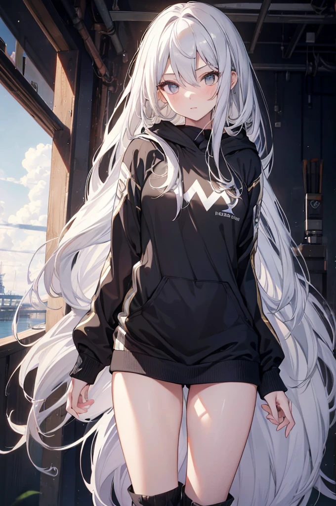 1girl, {Solitary}, Upper Body ,{{ {Watching at viewer}}}, Arms at your sides, Concept Art, white Background, simple Background, White hair, Silver gradient hair , Composite cloth, Asymmetrical clothes, Virtual YouTuber, best quality, masterpiece, Dynamic Angle, , cowboy_shooting, Watching_Back, grab, girl,Miss,woman, young,20 years old, Very long hair, Hair Flip, Silver Hair, Flowing hair, Ahog, giggle, Beautiful and delicate golden eyes, teeth, Large Breasts, Blonde eyes, White skin, hoodie, Black_shorts, Gray clothes, transparent_Background, Backlighting, absurd, high resolution, Extremely detailed,sweater,Face to face