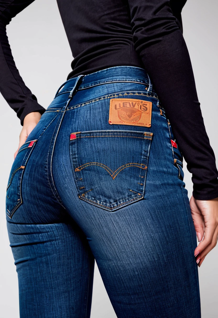 A gorgeous european model, wearing (skintight levi's jeans:1.3). Close-up on her buttocks.