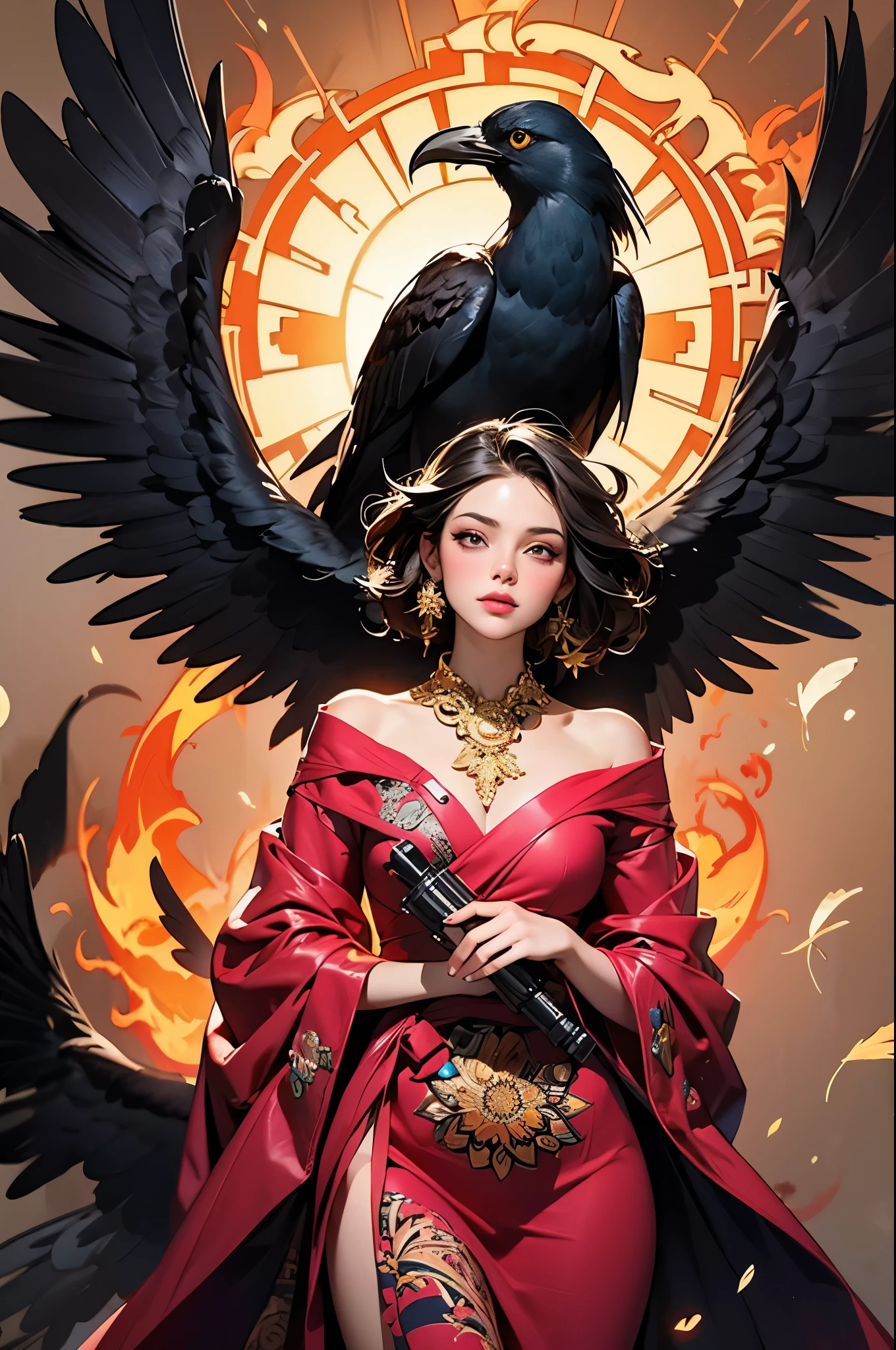 official art, unified 8k wallpaper, Super detailed, fair Beauty, fair, masterpiece, best quality, (Zentangle, mandala, Tangled, twist), (ecstasy flower: 1.2) Dynamic angle, Cowboy shooting, The Most fair Chaotic Forms, grace, brutalist design, bright colors, , atmosphere, Golden Crow, sun god, feather, fire,