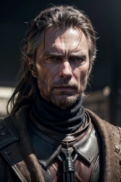 1 cowboy, futuristic armor, long dark brown hair in ponytail, half body cloak like Clint Eastwood in The Good, The Bad and The Ugly, intricate details, dramatic lighting, epic, cinematic, moody, hyper detailed, photorealistic, 8k, best quality, masterpiece