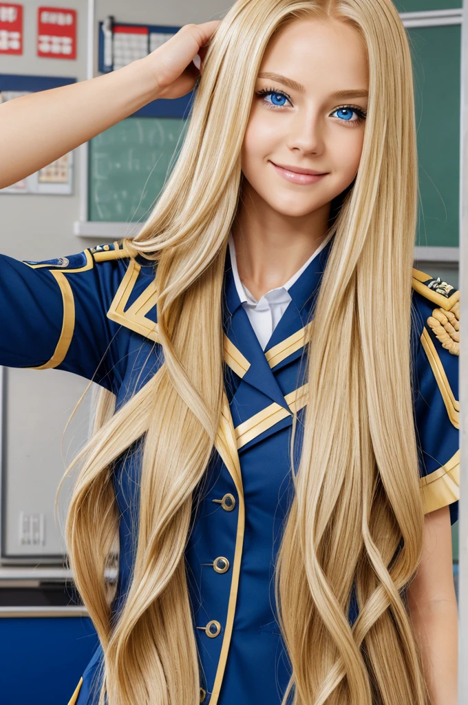 cheered up, a woman in uniform with long blonde hair and blue eyes, blonde cheered up girl with long hair, classroom, , high quality cheered up artstyle, portrait, My hero academy, , cheered up style like fate/Overnight stay, , cheered up best girl, cheered up style 4 k