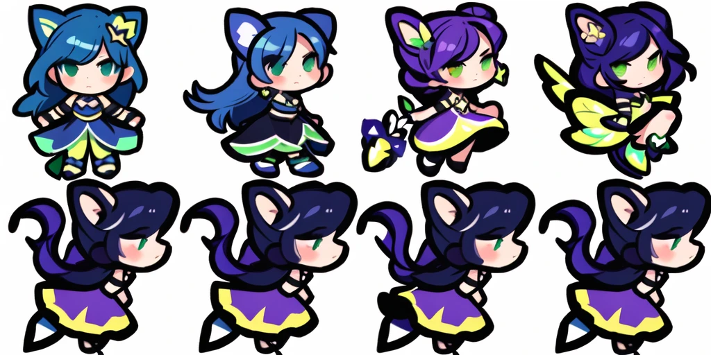 a close up of a cartoon character with different poses, spritesheet, sprite sheet, with familiar sprites, sprites, fairy girl, morgana, default pose neutral expression, twirling, sprite 2 d, shady, green fairy, smol,  multiple poses, cute chibi, kawaii