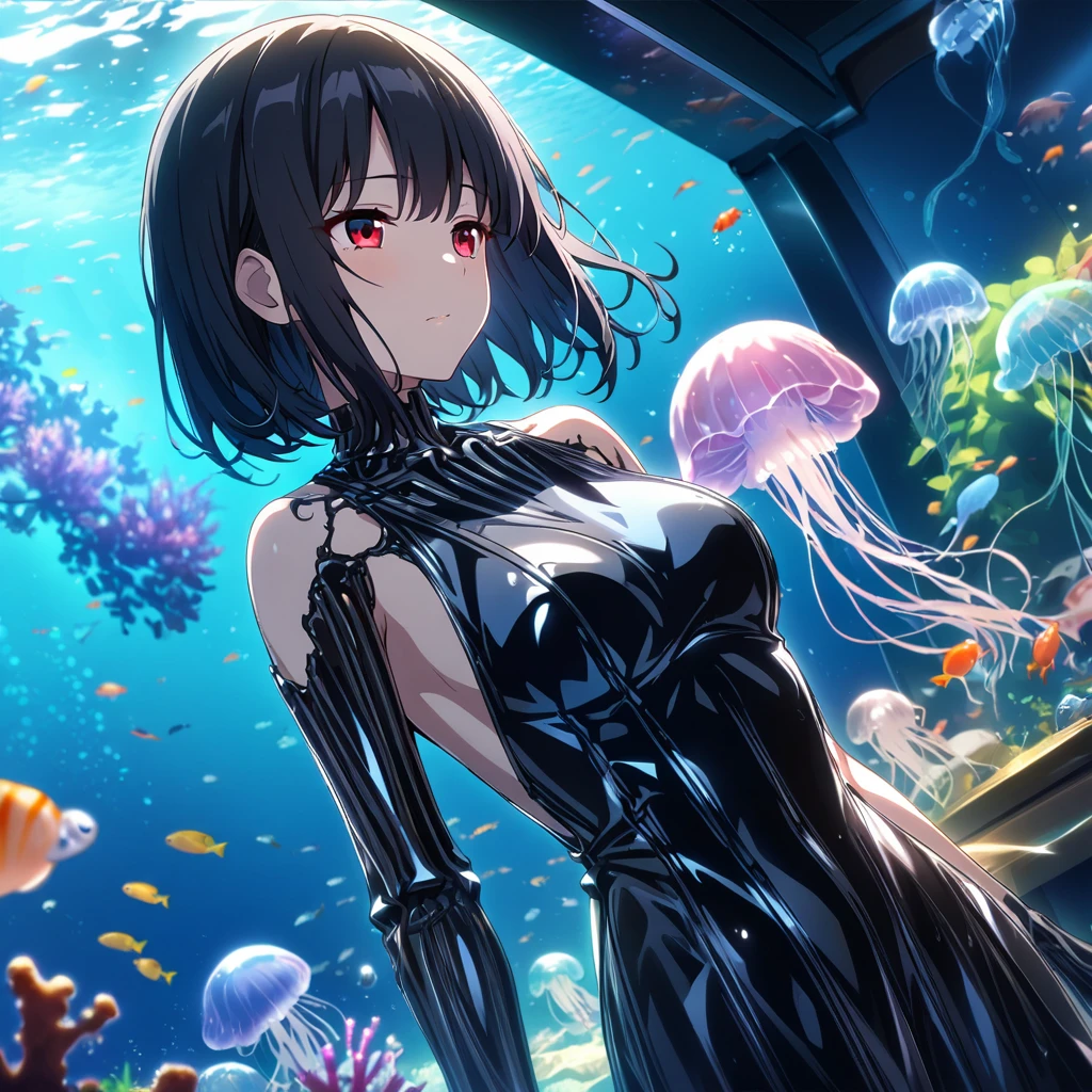 Browsing Caution, (Best image quality,highest quality,Highest Resolution, Ultra-Realistic Images,Very detailed,masterpiece), Browsing Caution, nude, 12-year-old girl, (((Tentacle Bound))), (((Sticky with sweat))), ((jellyfishの触手)), (jellyfish),((mini skirt, Bodysuits)),(((My clothes were sticky with mucus......))),(Happy ahegao),(Black Hair),(Ocean),((Your clothes are torn)),Browsing Caution