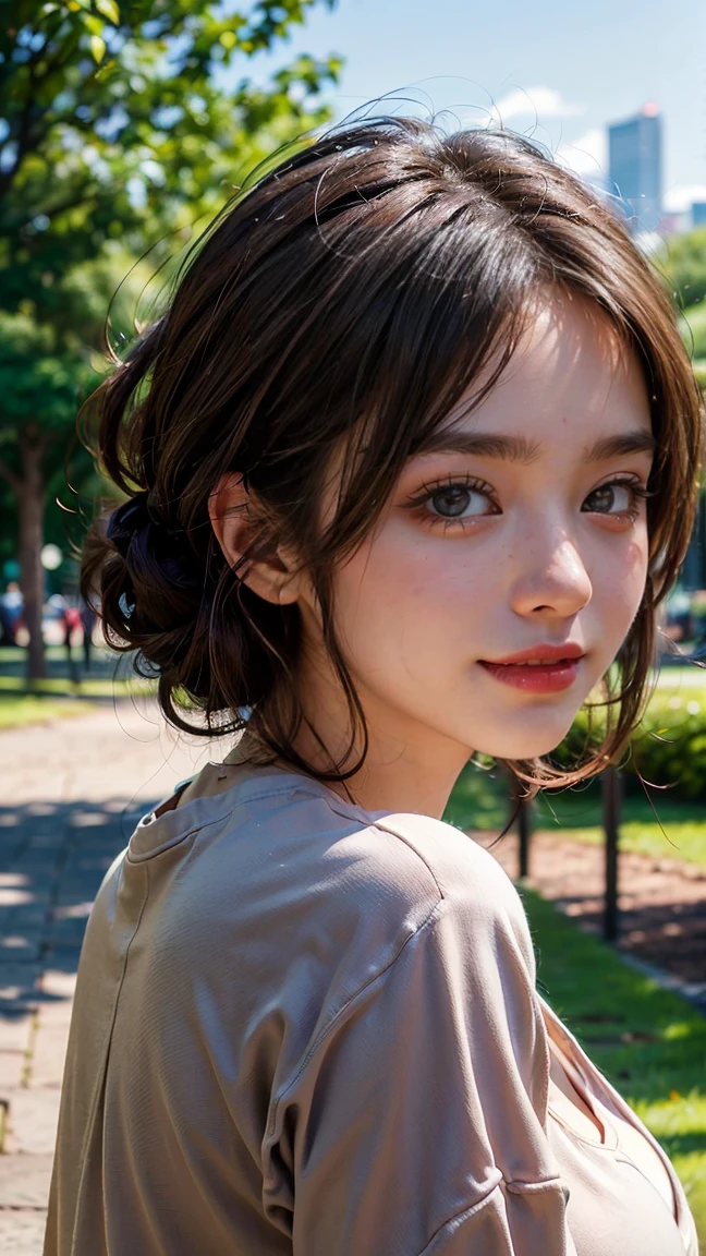 (Masterpiece, BestQuality:1.3), (ultra detailed:1.2), (hyperrealistic:1.3), (RAW photo:1.2),High detail RAW color photo, professional photograph, (Photorealistic:1.4), (realistic:1.4), ,professional lighting, (japanese), beautiful face, (realistic face), cute woman, (Brown Hair:1.5), (Big Breasts:1.3), (cheerful Smile:1.35), Trending Hair&Trending Hairカラーをランダムに, sexly, erotic sexly, (Sexy woman in casual clothes、Jogging in the park。Green park in the background、女性は爽やかな笑顔でストレートのBrown Hairをなびかせている。:1.4), Beautiful location, (Detailed Background))