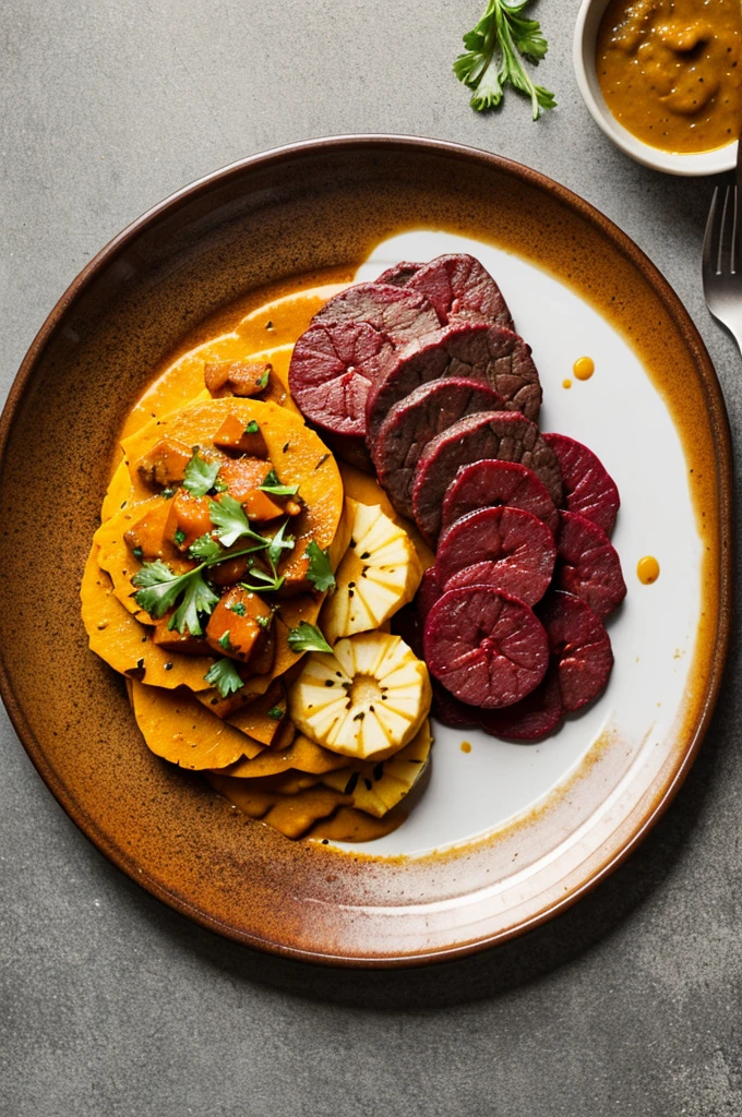 A plate with beef medallions, espinaca crocante, pumpkin puree, pineapple sauce, table, carrot, beet and paprika