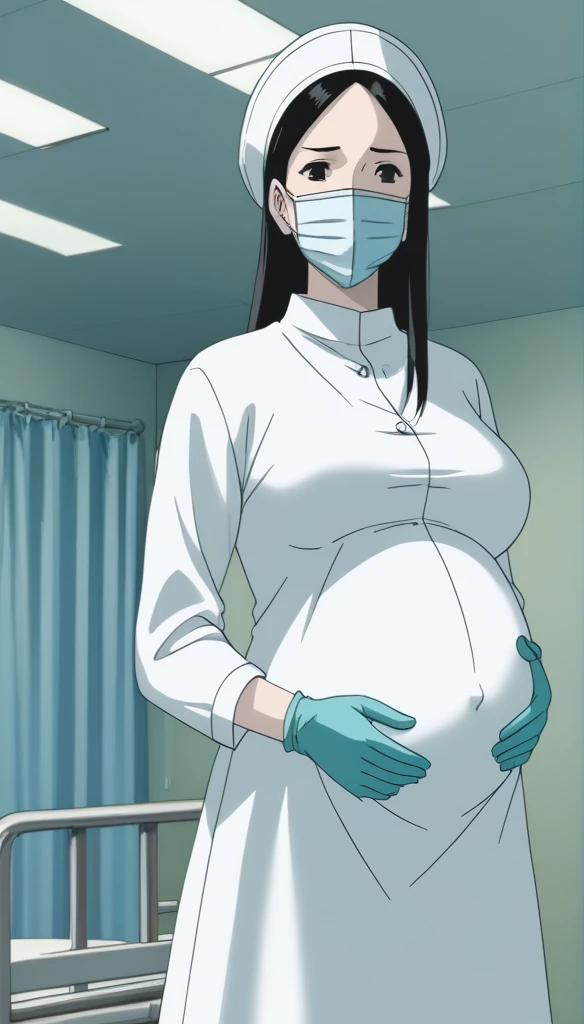 score_9,  score_8_up, score_7_up, source_anime, raw image, masterpiece, highest quality, kasuganoray, pale skin, shy eyes, long black hair, big breasts, scrubs, surgical mask, surgical cap, long sleeve maternity dress, seamless, tits, navel head, bare stomach, showing she stomach, 
1girl, pregnant, solo, long rubber gloves, looking down, furrowed brow, hospital bed, light shines from the ceiling, standing, patient room background, 