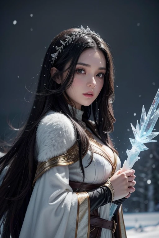 brunette woman, long black hair, brown skin, sorceress and ice elemental outfits, surrounded by snow and with an ice spear